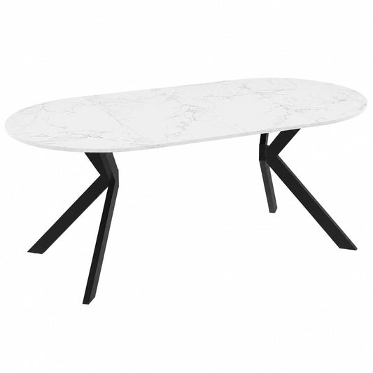 Mesa de Comedor Extensible Redonda Alix 4-10 Personas Base Araña Negra con Tablero Mármol Blanco 110-200 cm