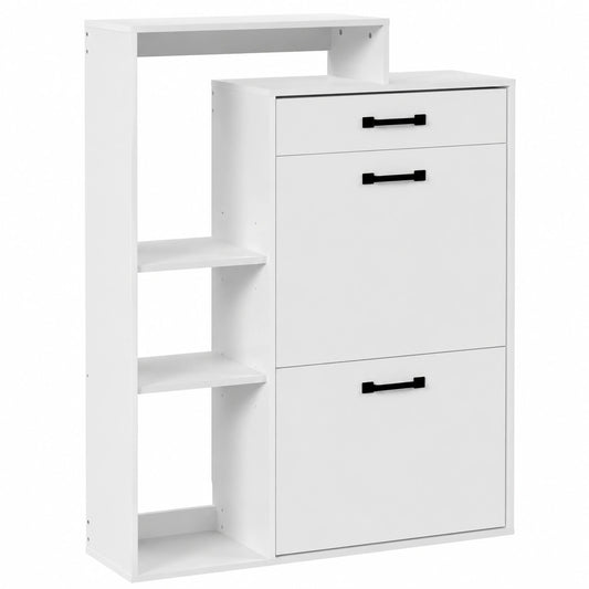 Armario Zapatero Estrecho Blanco con Cajón y Puertas, 3 Estantes Ajustables, Para Recibidor o Pasillo, 80x24,5x109 cm