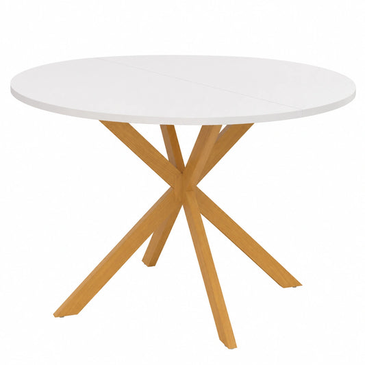 Mesa de comedor redonda para 6 personas con patas de madera y superficie blanca de 110 cm