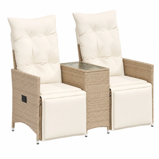 Conjunto de Sofá Reclinable de Jardín para 2 Personas con Mesa de Ratán PE Beige