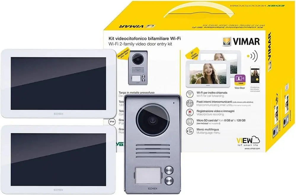 Vimar K40946 conjunto videoportero contenido, 2 videoporteros Wi-Fi táctil LCD 7in, placa de entrada audio/vídeo de 2 botones