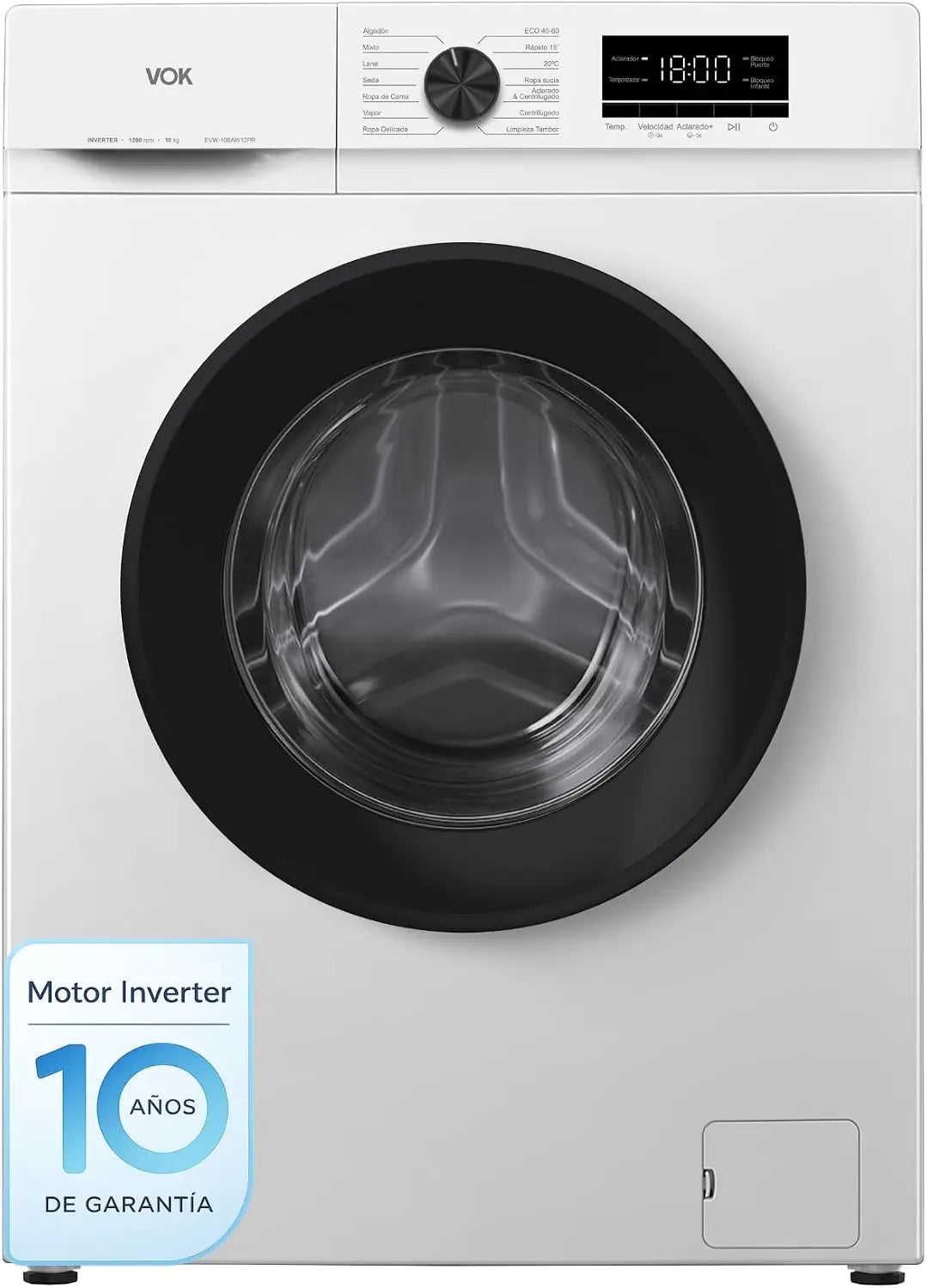Lavadora 10kg VOK Clase A con Instalación Incluida, Motor de velocidad variable Silencioso, 1200 RPM, Fondo Reducido, 14 Programas con Vapor