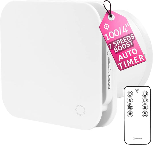 Turbionaire Trend Plus 100 mm Extractor para Baño, Mando a Distancia, Multifunción, 22dB, máx. 5.7 W, 7 velocidades + boost, Garantía de 5 años