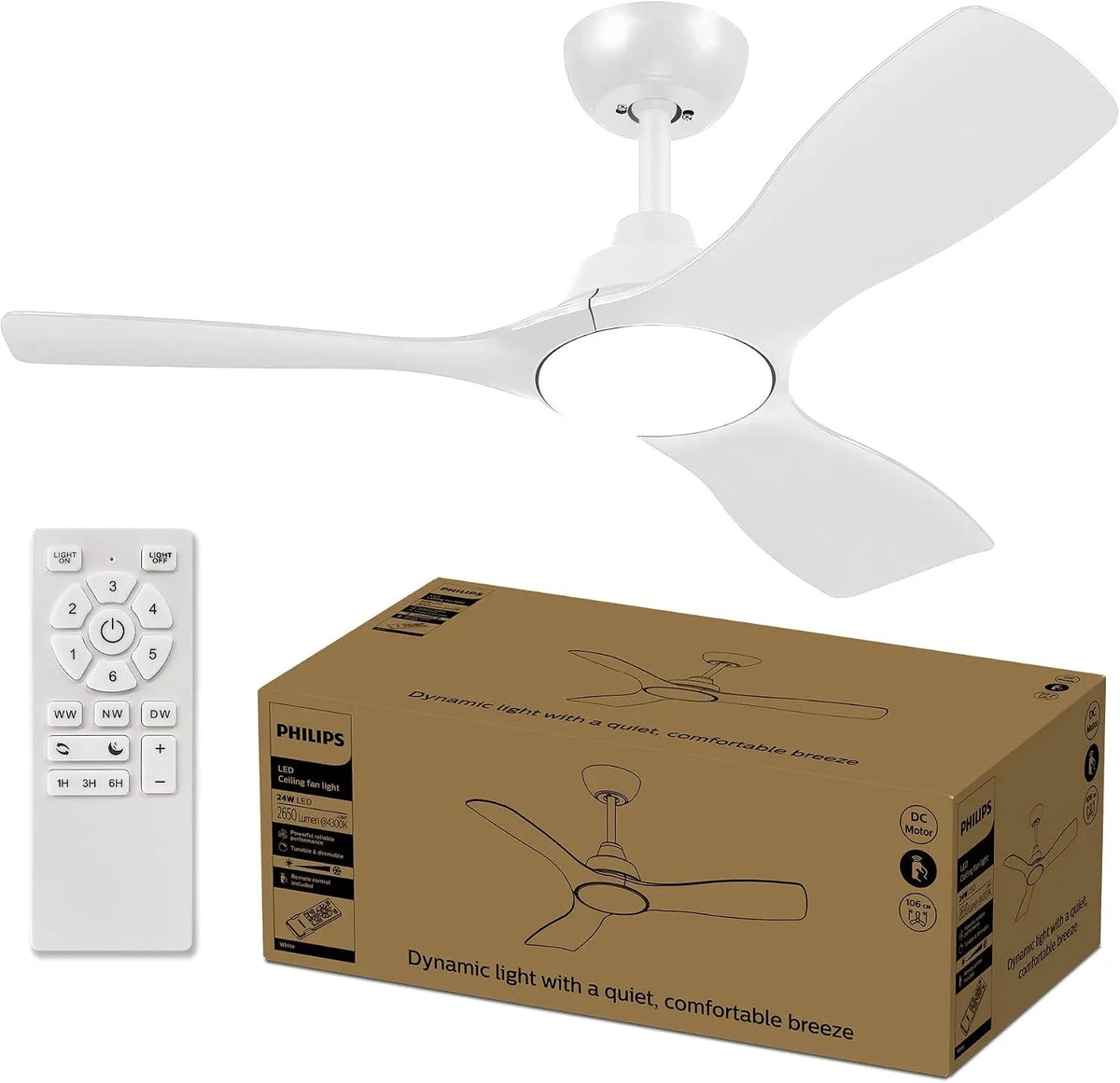 PHILIPS Olas Ventilador de Techo con Luz LED, 3 aspas fijas 42' (diametro 106cm), 28 W, motor DC silencioso, 3 temperaturas de luz