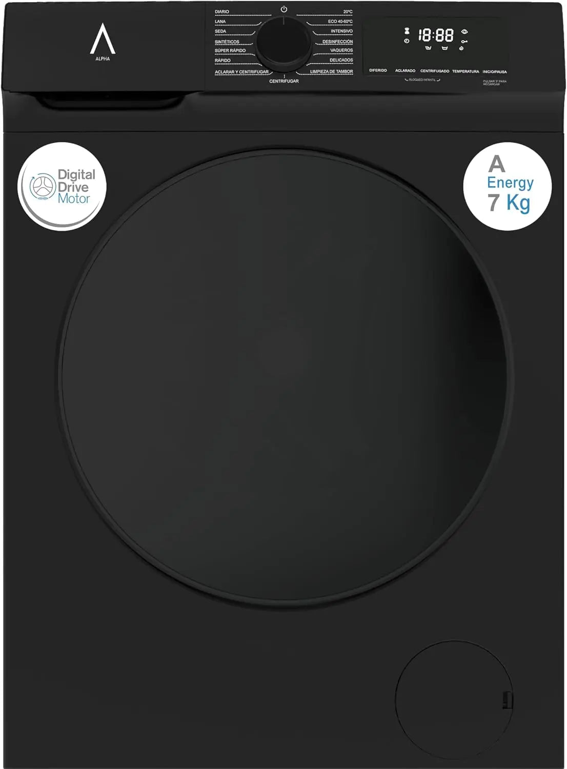 ALPHA Lavadora TITAN Elite-7, Eficiencia A, Negro Brillo, 1.200rpm, 7kg