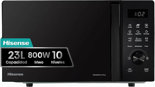 Hisense H23MOBSD1H, Microondas Digital con Grill 23L, 800W, Revestimiento Cerámico, Cristal, 10 Niveles de Potencia, Función de Descongelación