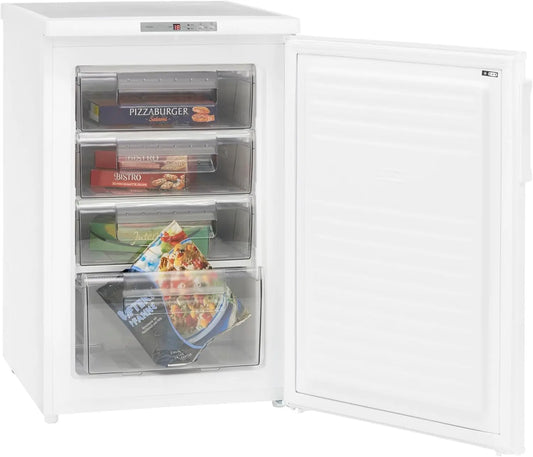 Exquisit Congelador mesa Top, 91L, Clase E, Color Blanco, 4 Compartimentos, Cajón XL para Alimentos Grandes, Altura Regulable, Ruedas Traseras