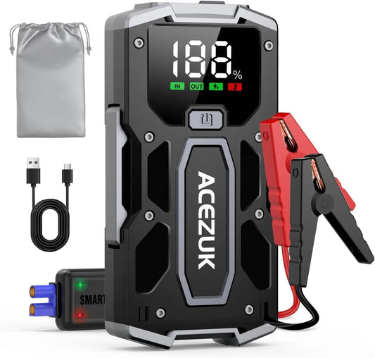 ACEZUK Arrancador de Coches 8000A, 12V Arrancador de Baterias de Coches (para 5.5L Disésel o 7.0L Gas), Jump Starter con 2.5 Inch Pantalla LCD