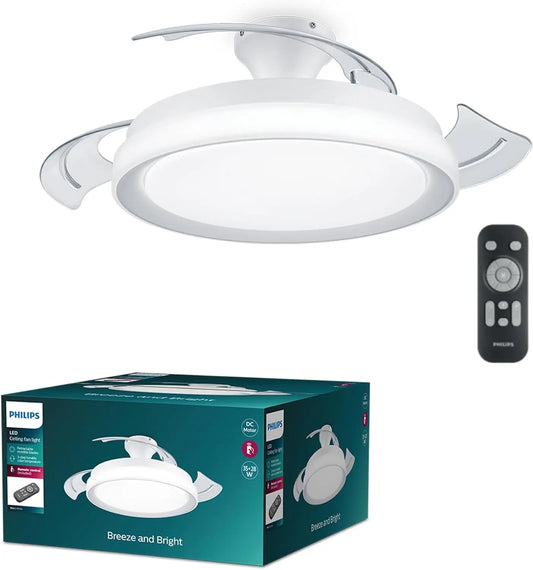 Philips Ventilador de Techo Bliss con luz LED 28W, motor DC (35W), aspas retráctiles, color Blanco, 3 temperaturas de luz, Mando Incluido