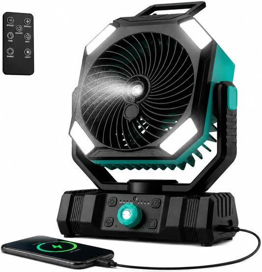 Richday Ventilador Camping Nebulizador 20000mAh, Ventilador Portátil Recargable con Batería, Depósito 300ml, Control Remoto, 270° de Rotación, Timer