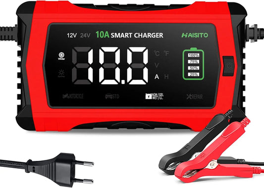 Haisito LiFePO4, Cargador de batería inteligente para coche, 12 V/24 V, 10 A, cargador de mantenimiento con pantalla LCD