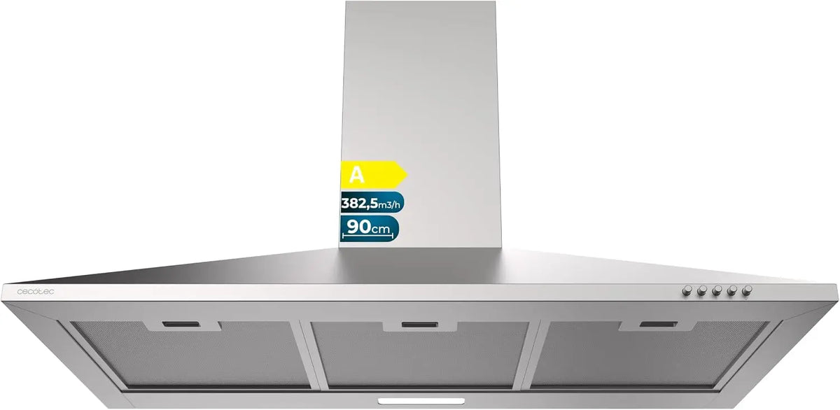 Cecotec Campana Extractora Piramidal 90 cm Bolero Flux PM 904000 Inox A. Succión 382, 5 m3/h, 3 Velocidades, Filtros de Carbono Incluidos, Clase A