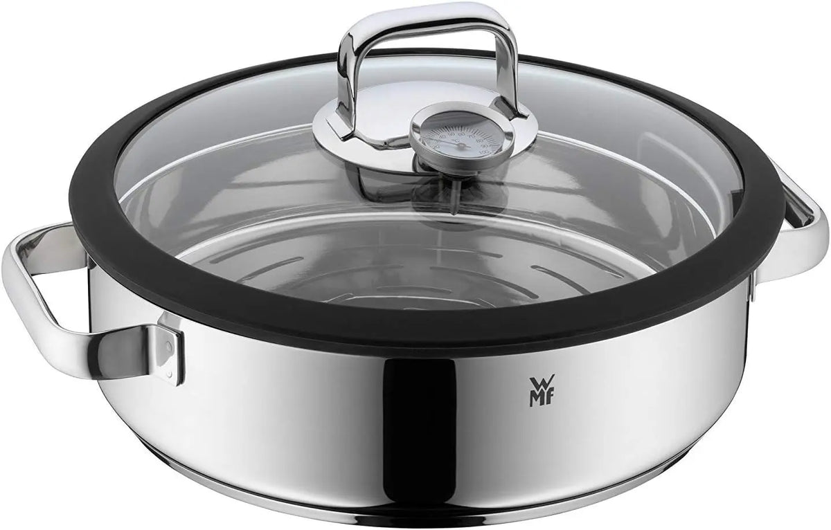 WMF Vitalis, Fuente Redondo de Cocción al Vapor 28 cm Diámetro, Tapa de Cristal con Borde de Silicona, Termómetro, Acero Inoxidable Cromargan Pulido