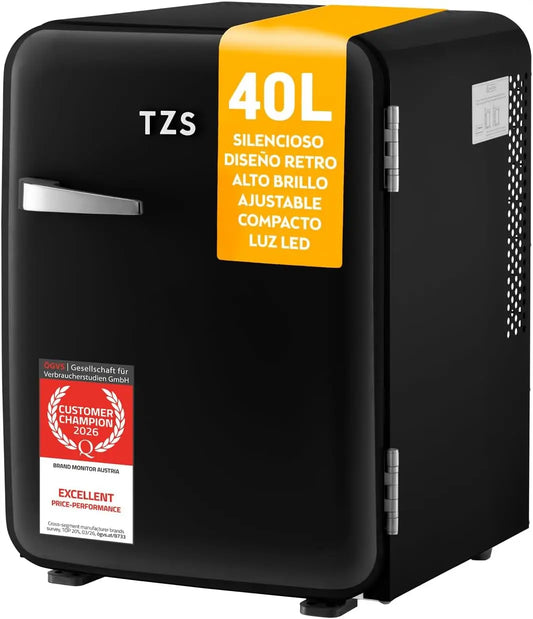TZS First Austria, Mini Frigorífico Retro 40L silencioso, Pequeño Minifrigo diseño vintage con luz interior y 2 compartimentos de puerta, oficina