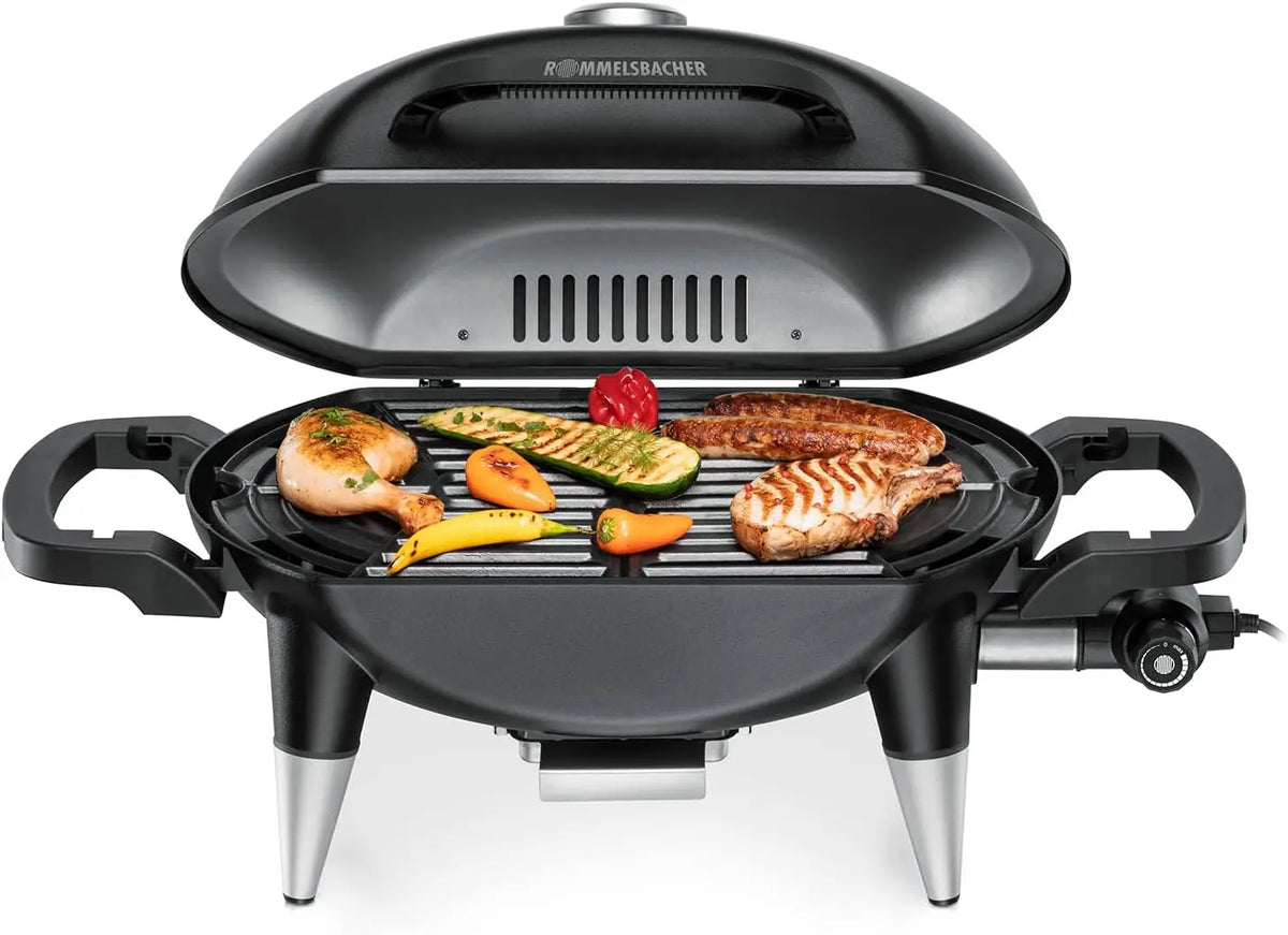 ROMMELSBACHER Barbacoa BBQ 4000, parrilla de cocción de hierro fundido de 2 partes, tapa con bisagras con indicador de temperatura, extensible con