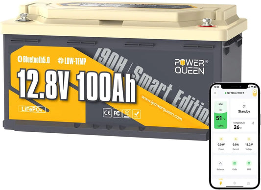 Power Queen 12V 100Ah H190 Batería LiFePO4 Bluetooth Asiento Autocaravana