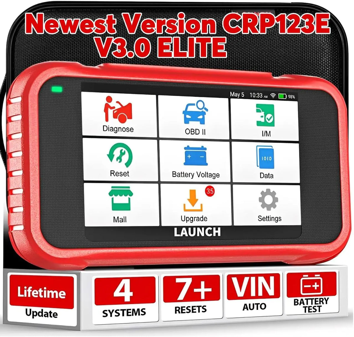 LAUNCH CRP123E V3.0 OBD2 Diagnosis Coche con Sistema de Motor ABS SRS Transmisión y 7 Funciones de Reinicio