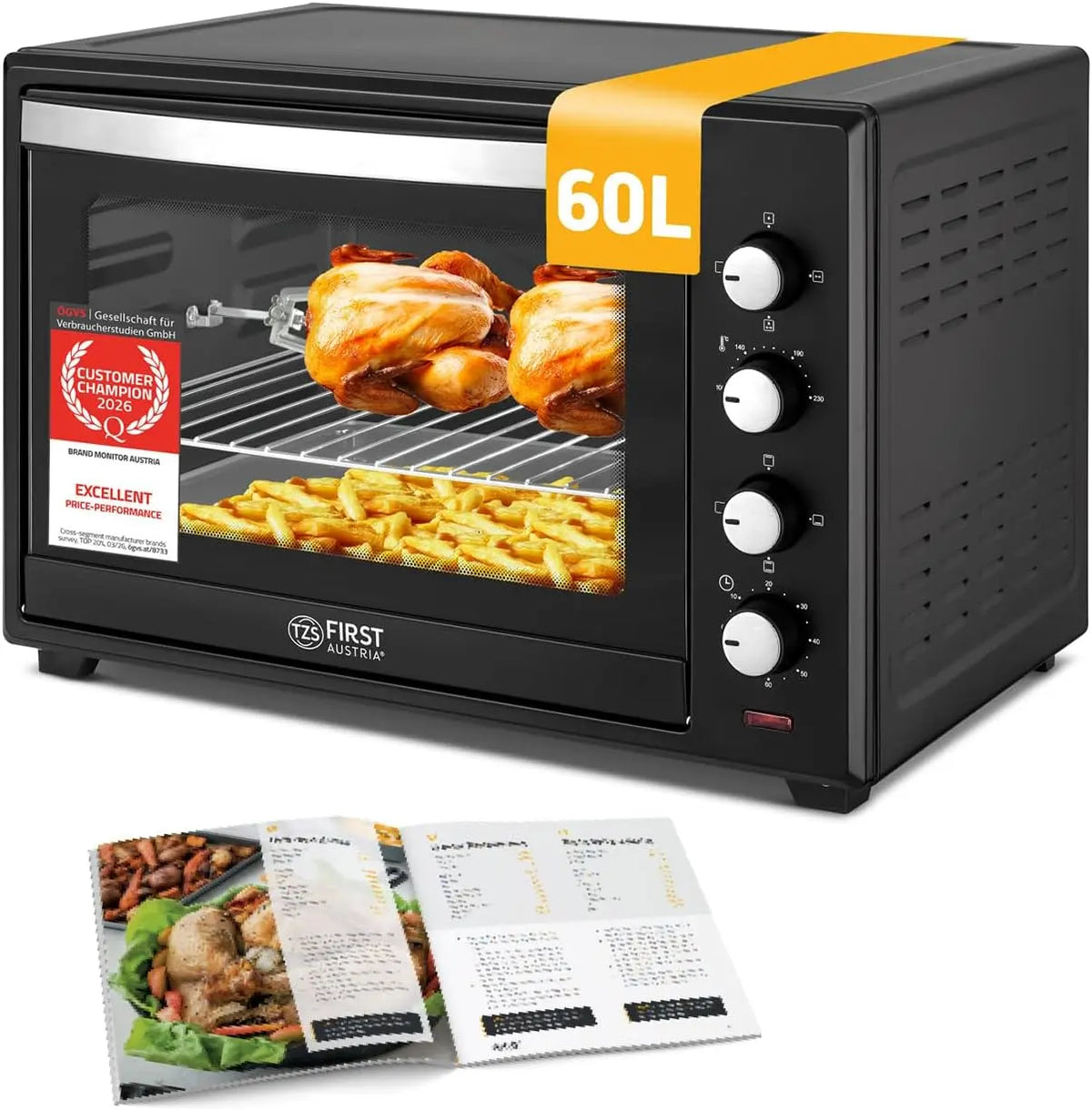 TZS First Austria, Mini Horno 60L 2000W, Minihorno espacioso para pizza con temperatura hasta 230°C y 6 modos, Con temporizador 60 min, bandeja