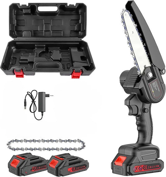 Mini motosierra a batería, 6 pulgadas, 48 V con doble batería, sierra eléctrica para poda y jardinería, funda incluida