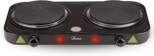 ARDES Hornillo eléctrico para cocinar, de 2000W en acero pintado para Camping y Cocina con 2 Placas de fundición Diámetro 15