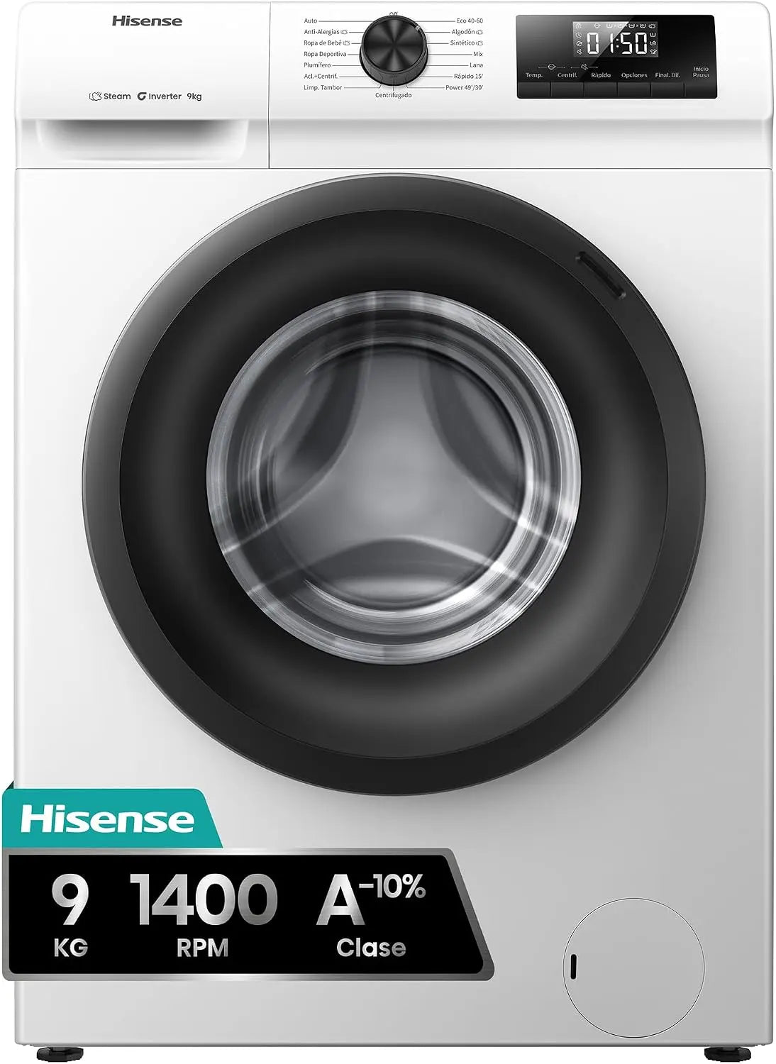 Hisense WF1Q9041BW, Lavadora, Class A, 9Kg, 1400 rpm, Alto 84.5cm x Ancho 59.5cm, Color Blanco, Función Vapor 99, 9%, Lavado Rápido+