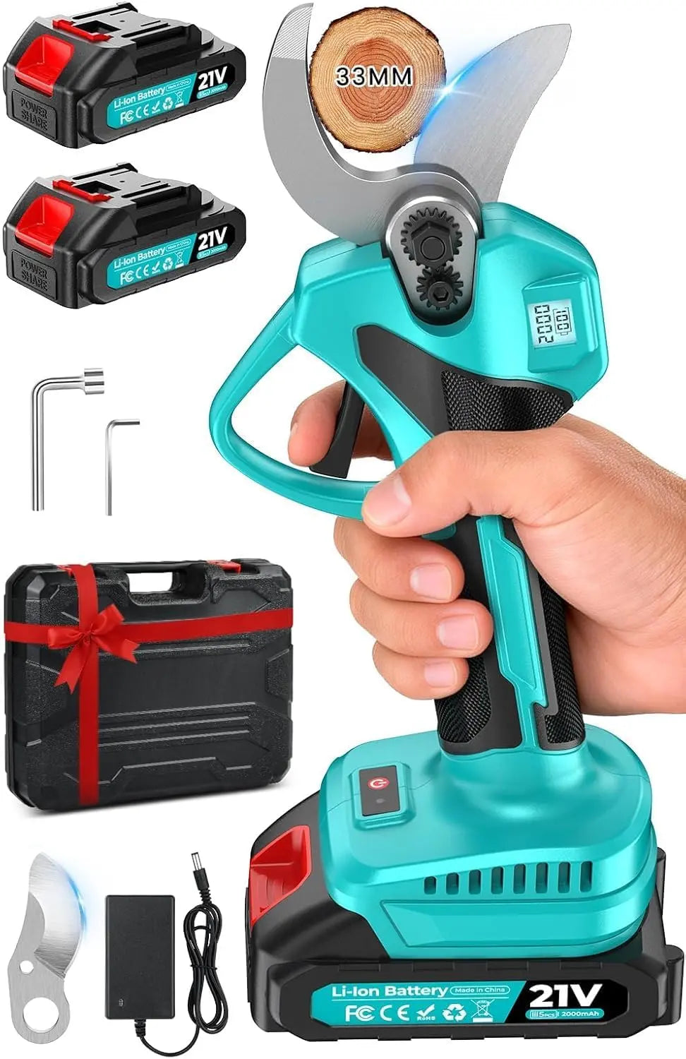 Tijeras de Podar Eléctricas, 21V Motor Sin Escobillas, 33mm Tijeras de Podar Bateria con 2 x 2 Ah Baterías, Pantalla LCD y SK7 Cuchillas, Rosales