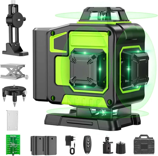 Nivel Laser Autonivelante 360 Grados, Nivel Láser Verde 16 Líneas, 2 x 360 Horizontal y 2 x 360 Verticales, 2 x Batería, Montaje en Pared