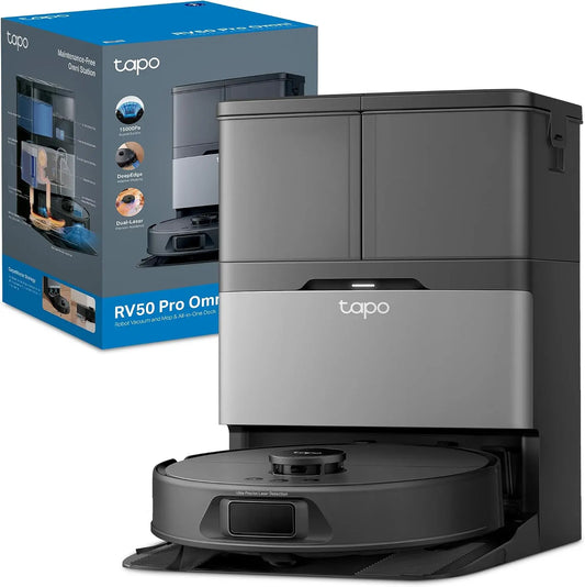 Tapo Robot Aspirador RV50 Pro Omni, 15.000 Pa, Navegación Láser Dual, Autovaciado, Cepillos Antienredo para Mascotas, Limpieza de Bordes