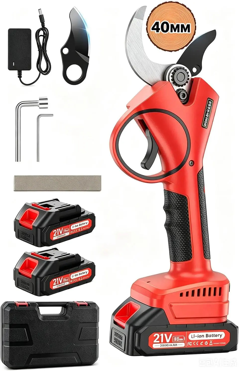Tijeras de Podar Eléctricas, 40mm Tijeras de Podar Bateria Hoja SK7, Potentes 800W Motor Sin Escobillas, 2 Baterías 2000mAh 21V, 6-8H de Autonomía