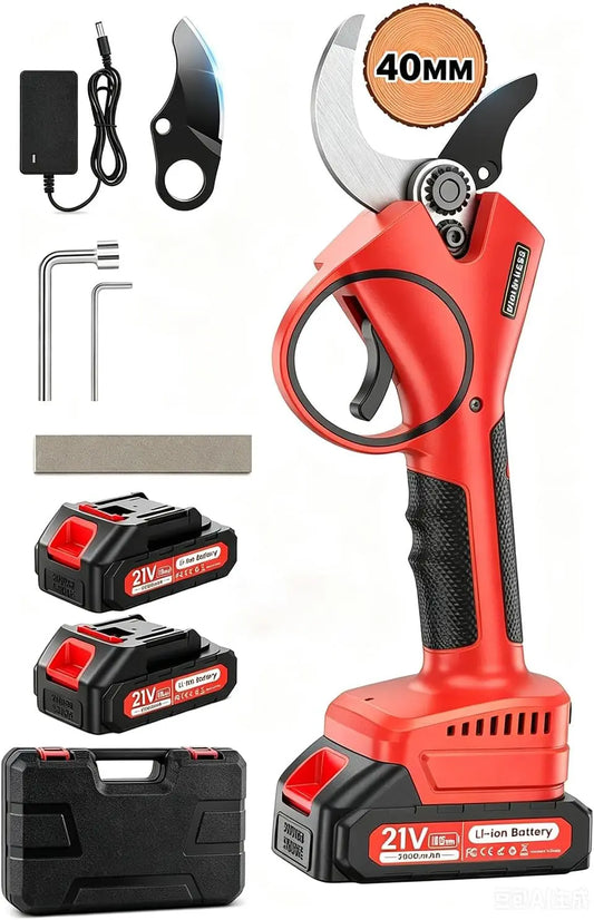 Tijeras de Podar Eléctricas, 40mm Tijeras de Podar Bateria Hoja SK7, Potentes 800W Motor Sin Escobillas, 2 Baterías 2000mAh 21V, 6-8H de Autonomía