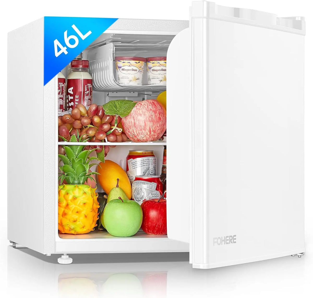 FOHERE Mini Frigorífico Bar 46L, Nevera Pequeña Silencioso, Control de Temperatura Regulable, Mono Puerta, Puerta Reversible, Hogar, Oficina, Blanco