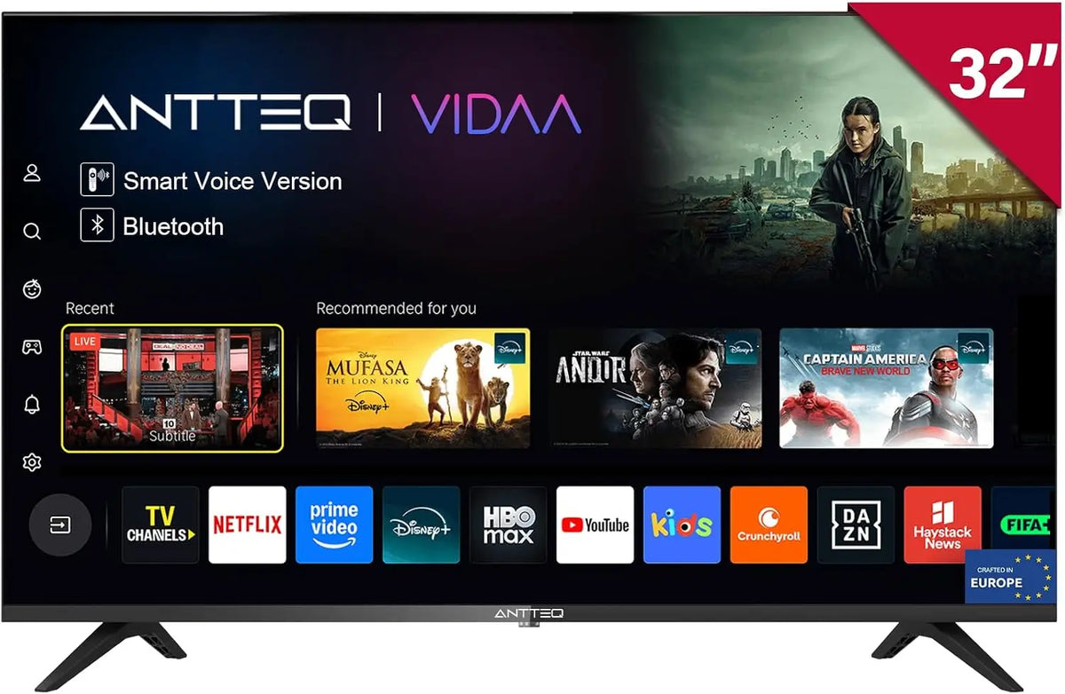 Antteq Vita Televisor inteligente TV 32 Pulgadas (81 cm) con Bluetooth, Dolby Audio, WiFi, App Store, Compartir a TV, Triple-Tuner DVB-T2 / S2 / C