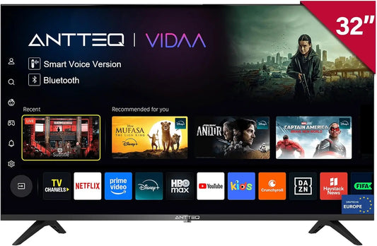 Antteq Vita Televisor inteligente TV 32 Pulgadas (81 cm) con Bluetooth, Dolby Audio, WiFi, App Store, Compartir a TV, Triple-Tuner DVB-T2 / S2 / C