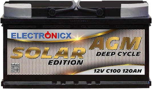 Electronicx batería AGM de Suministro 120Ah 12V, Edición Solar Deep Cycle, batería Solar 12V C100 con tecnología AGM, 353x175x190mm