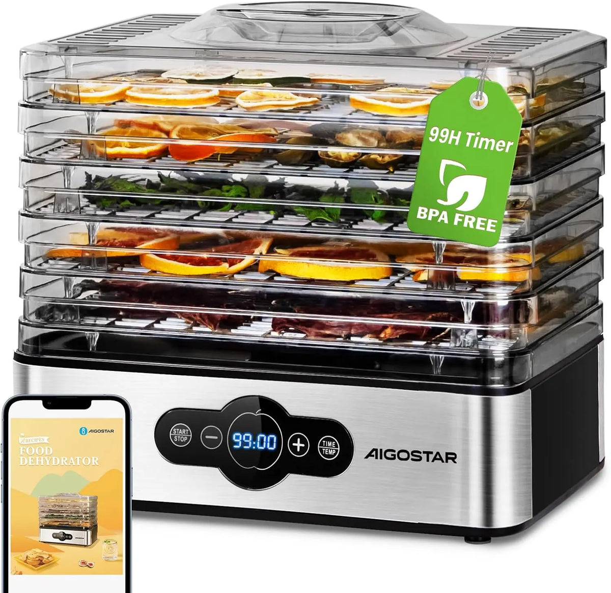 Aigostar Deshidratador de Alimentos, Pantalla LED, Temporizador 99H, 240W