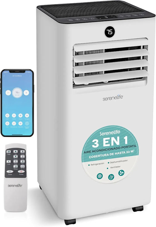 SereneLife Aire Acondicionado Portátil, 7000 BTU con WiFi y conjunto de Ventana, Compacto, Silencioso, Bajo Consumo con Deshumidificador, 3 modos