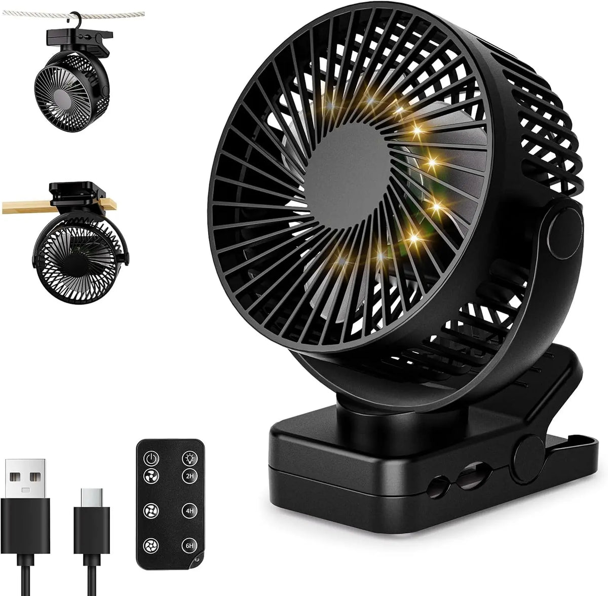 Ventilador Portátil Recargable 12000mAh con Pinza, Mando, 44H, Silencioso, 3 Velocidades, Luz LED, 360°, Temporizador, para Escritorio, Camping