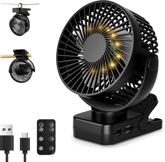 Ventilador Portátil Recargable 12000mAh con Pinza, Mando, 44H, Silencioso, 3 Velocidades, Luz LED, 360°, Temporizador, para Escritorio, Camping