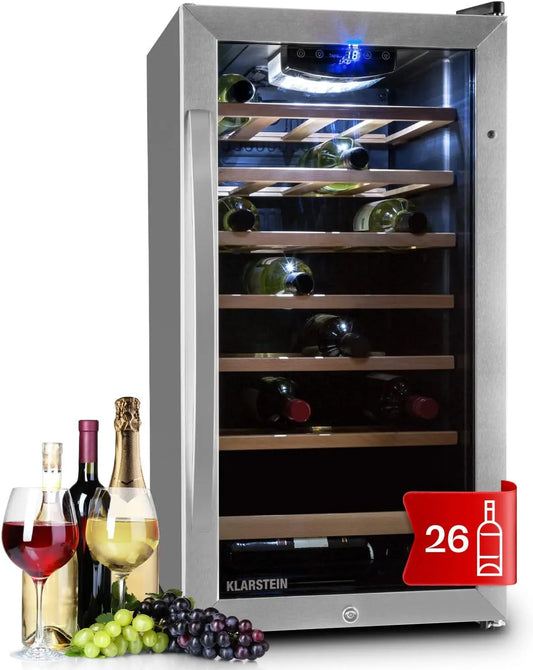 Klarstein Vinoteca 26 Botellas, Nevera Vinos, Una Zona de Refrigeración, Nevera Expositora Vino y Cerveza, Nevera Vino con Protección UV, 5-18°C