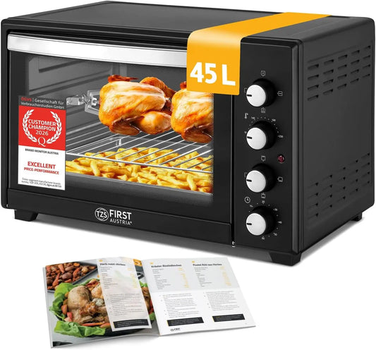 TZS First Austria, Mini Horno 45L 2000W, Minihorno para pizza hasta 230°C y revestimiento antiadherente, Con temporizador 60 min, bandeja