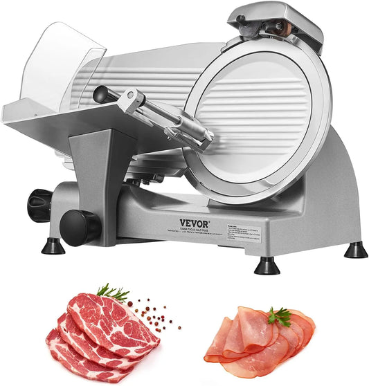 VEVOR Cortadora Eléctrica Comercial 340 W, Hoja Acero Inoxidable 250 mm, 360 RPM, Grosor Ajustable, para Jamón, Embutidos, Carne, Queso