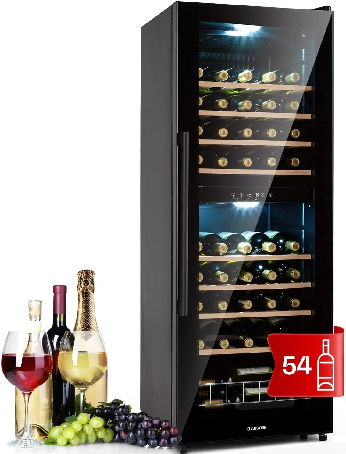 KLARSTEIN Vinoteca, 54 Botellas, Nevera Vinos de una zona, Nevera Expositora Vino y Cerveza, Vino Protección UV, Panel Táctil, 5-18°C
