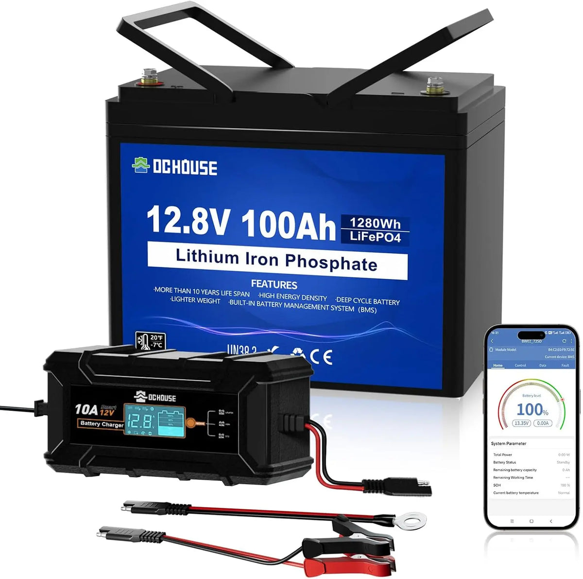 DCHOUSE Batería LiFePO4 12V 100Ah con Bluetooth y Cargador 10A, BMS 100A, hasta 15000 ciclos, batería de Litio 1280Wh para autocaravanas, caravanas