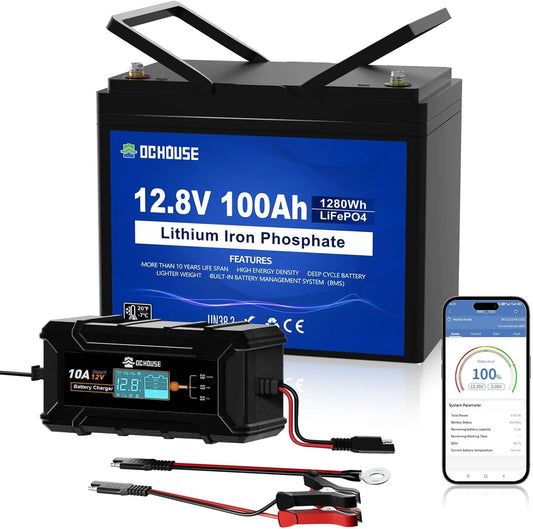 DCHOUSE Batería LiFePO4 12V 100Ah con Bluetooth y Cargador 10A, BMS 100A, hasta 15000 ciclos, batería de Litio 1280Wh para autocaravanas, caravanas