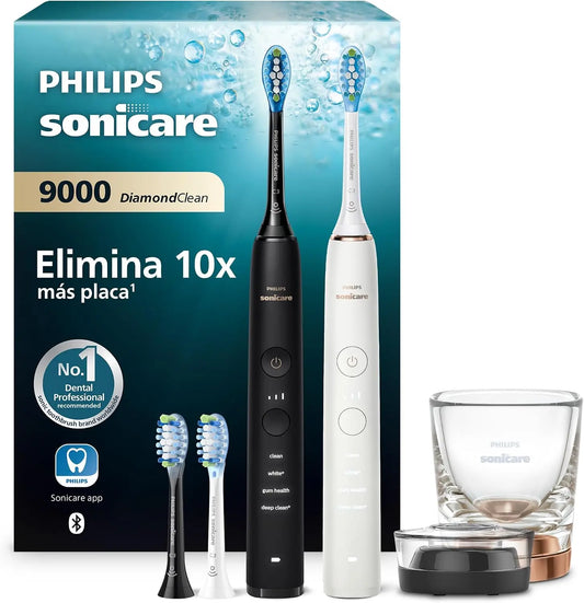 Philips Sonicare DiamondClean 9000 cepillo dental eléctrico, paquete doble, cepillo dental sónico con aplicación, sensor de presión, vaso de carga