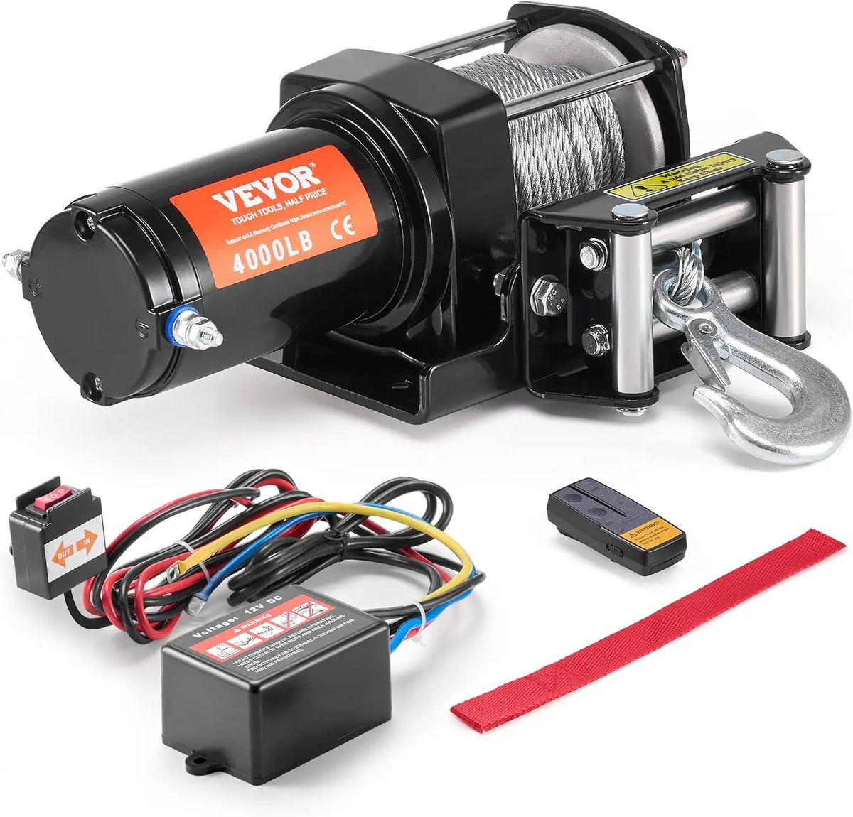 VEVOR Cabrestante eléctrico Capacidad de tracción 1814 kg 12 V CC con Cable de Acero de 7 Hilos 118