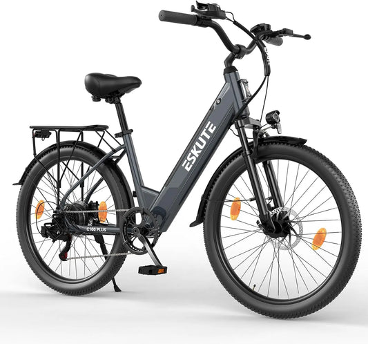 ESKUTE C100 Plus Bicicleta Eléctrica Adultos 26', Bici Eléctrica con Motor Trasero 250W, Batería Extraíble 36V 13Ah, 7 Velocidades, Pantalla LCD