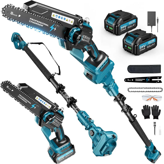2-en-1 8 Pulgadas Mini Motosierra de Pértiga Inalámbrica con 2 Baterías de 4000mAh, Motosierra sin Escobillas con Telescópicas para Exterior