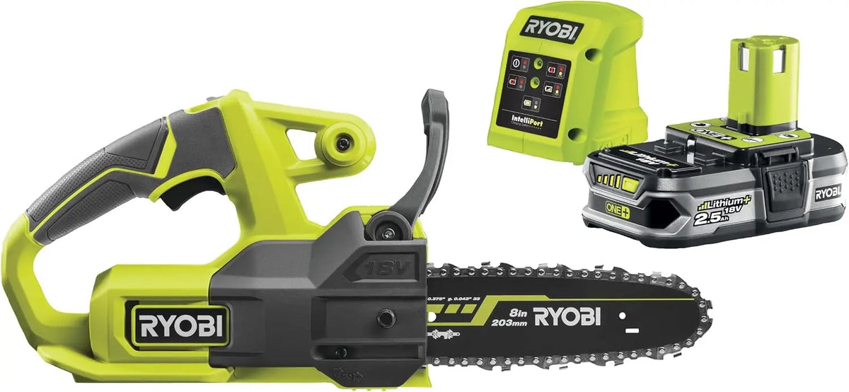 RYOBI, Motosierra Eléctrica Compacta 18V ONE+ 20 cm, Pequeña Herramienta de Poda de Arboles, Tensor de Cadena Lateral, Entregada con 1 Batería 2