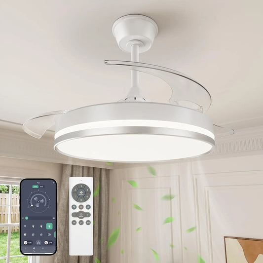 VOLISUN Ventilador de Techo con Luz aspas Retráctiles, Ultra-Silencioso Motor DC, CCT 3000-4000-6000K, Mando a Distancia, 106cm)